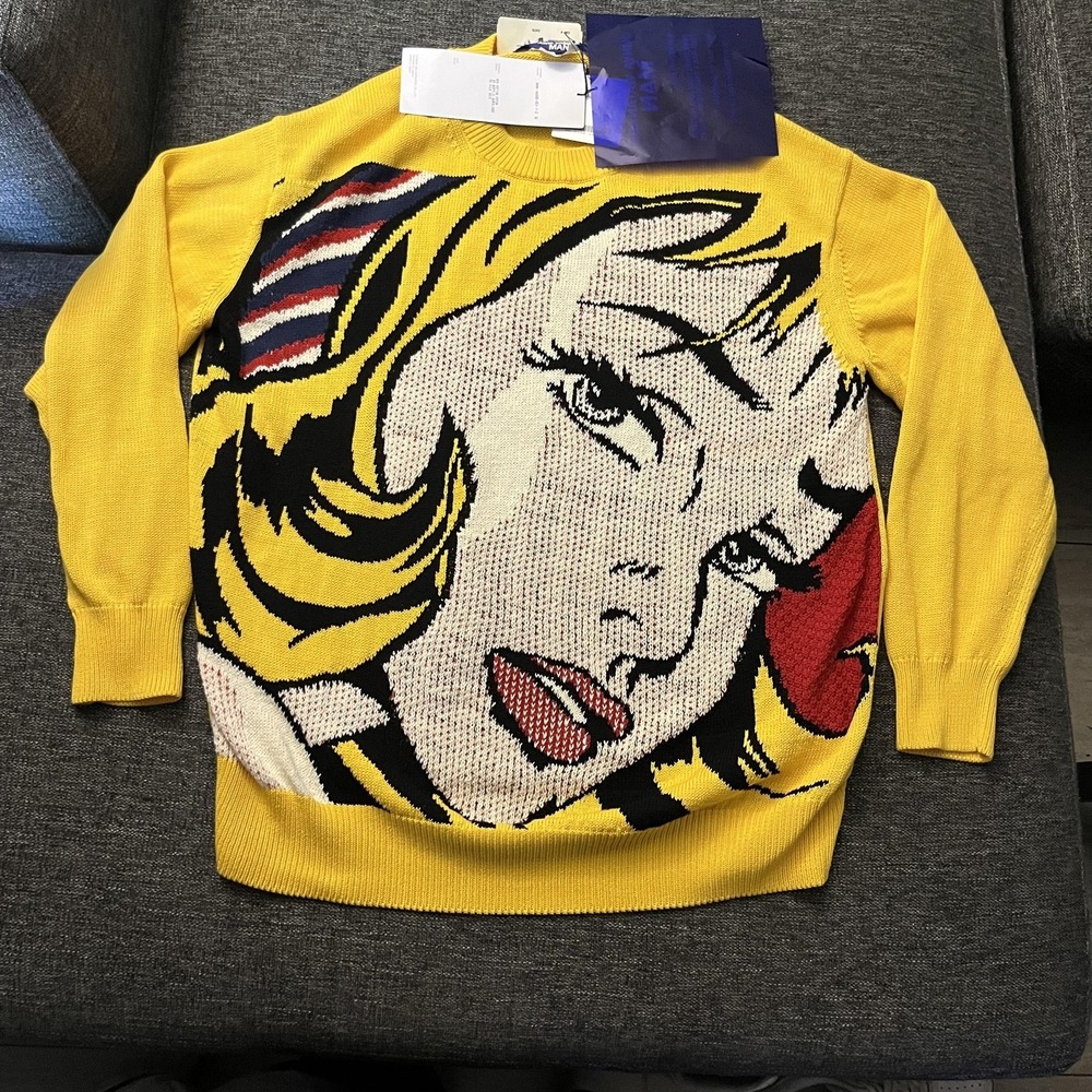 Junya Watanabe MAN Sweater Mens Small Yellow Lichtenstein Girl With Hair Ribbon
